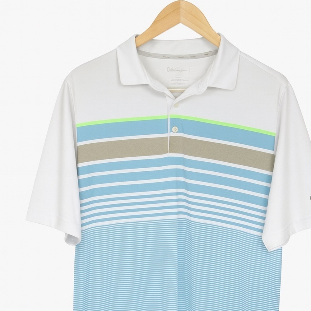 Walter Hagen Men's Size Large White Golf Shirt Polo With Blue/Gray/Green Stripes